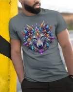 Colorful Crystal Wolf Art Tee With Majestic Fantasy Energy - model wearing grey tee, leaning on column