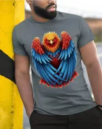 Majestic Fire Phoenix Art Tee With Bold Feather Power Style - model wearing grey tee, leaning on column