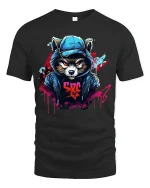 Urban Raccoon Street Art Tee With Bold Graffiti Style Design - black t-shirt on white background