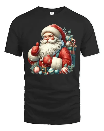 Cheerful Santa Claus Christmas Tee With Festive Holiday Spirit - black t-shirt on white background