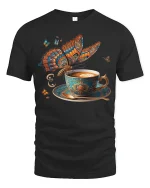 Butterfly Coffee Art Graphic Tee With Elegant Vintage Feel - black t-shirt on white background