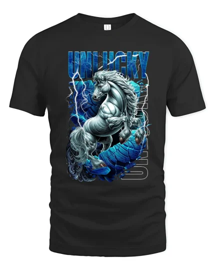 Unlucky Lightning Unicorn Graphic Tee With Fierce Fantasy Power - black t-shirt on white background