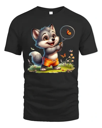 Happy Puppy Butterfly Catcher Graphic Tee With Cute Summer Vibes - black t-shirt on white background