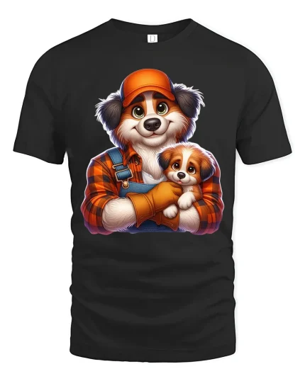 Loving Dog Parent And Puppy Hug Graphic Tee With Warm Family Feel - black t-shirt on white background