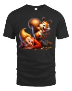 Funny Kid And Playful Squirrel Cartoon Graphic Tee With Joyful Art - black t-shirt on white background