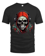 Skull With Hoodie And Headphones Graphic Tee Street Style Art - black t-shirt on white background