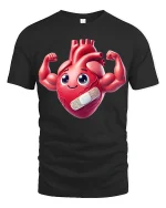 Cute Strong Heart Cartoon Graphic Tee With Funny Positive Energy - black t-shirt on white background