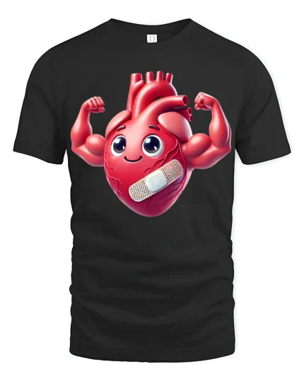 Cute Strong Heart Cartoon Graphic Tee With Funny Positive Energy - black t-shirt on white background