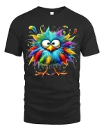 Funny Colorful Fluffy Bird Graphic Tee With Cute Cartoon Style - black t-shirt on white background