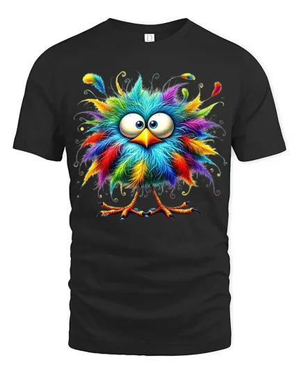 Funny Colorful Fluffy Bird Graphic Tee With Cute Cartoon Style - black t-shirt on white background