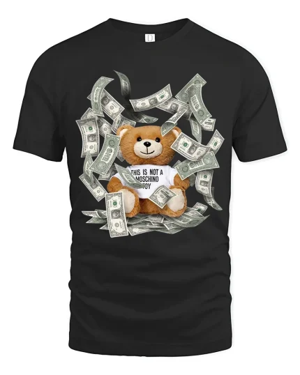 Funny Rich Teddy Bear Money Graphic Tee With Bold Street Humor - black t-shirt on white background