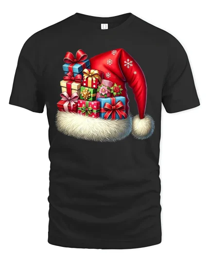 Christmas Santa Hat Gift Stack Tee With Festive Holiday Cheer - black t-shirt on white background