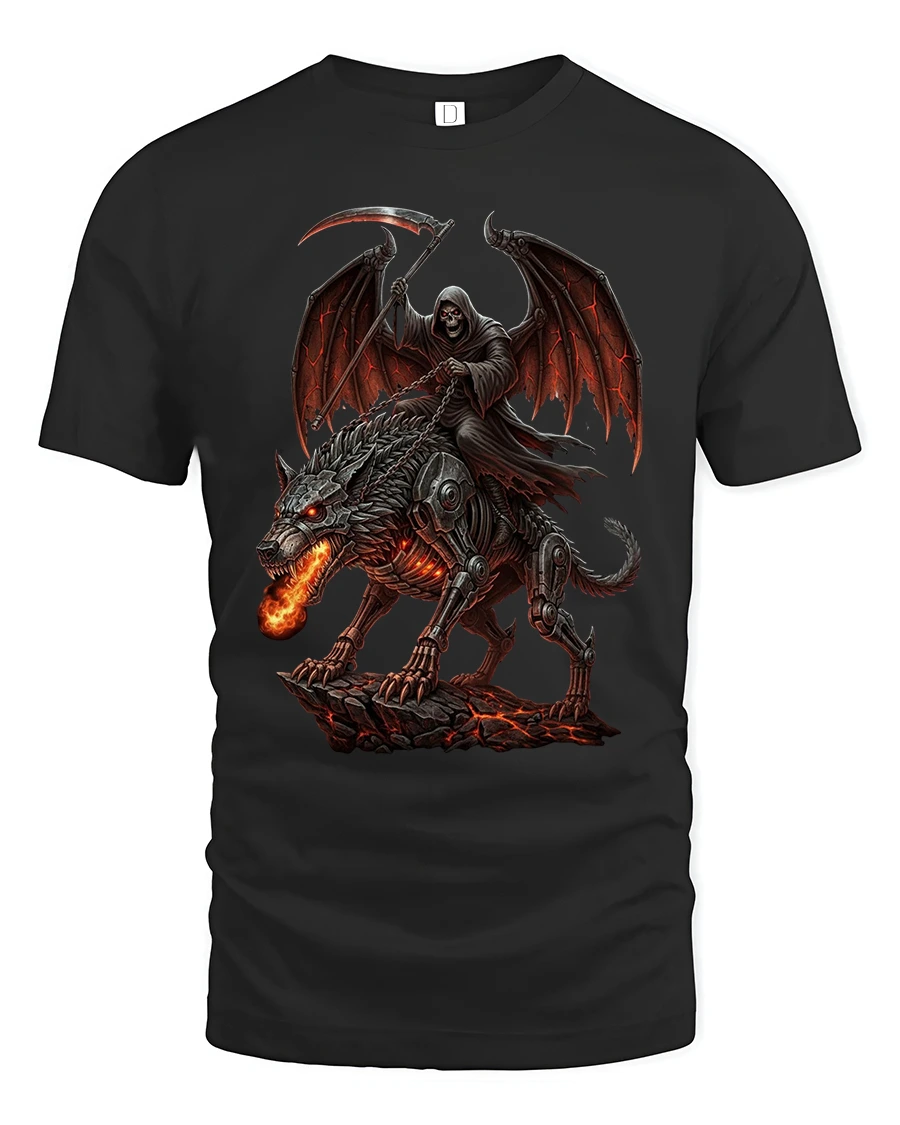Dark Grim Reaper Riding Hell Beast Tee With Epic Gothic Power - 1 Dark Grim Reaper Riding Hell Beast Tee With Epic Gothic Power - black t-shirt on white background
