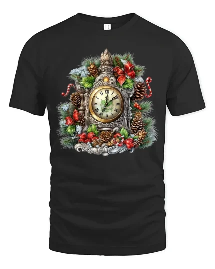 Vintage Christmas Clock Wreath Tee With Classic Holiday Charm - black t-shirt on white background
