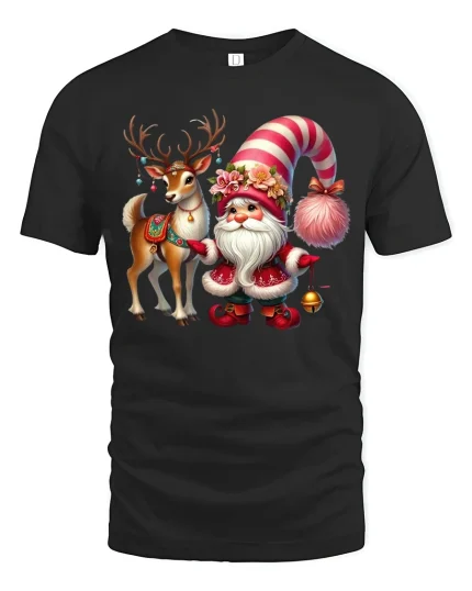 Whimsical Santa And Reindeer Christmas Tee With Cozy Holiday Joy - black t-shirt on white background