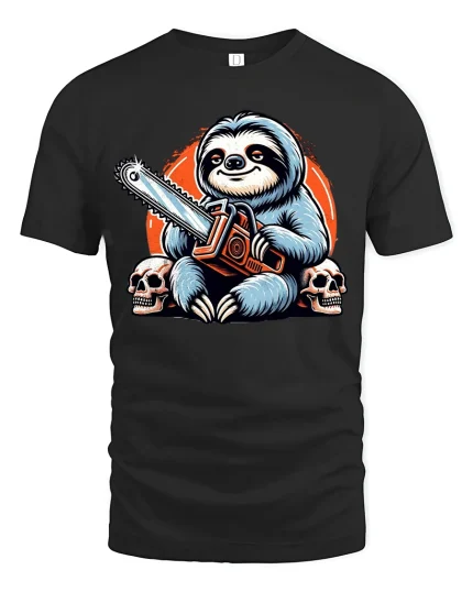 Savage Sloth With Chainsaw Tee Featuring Dark Humor Cartoon Art - black t-shirt on white background