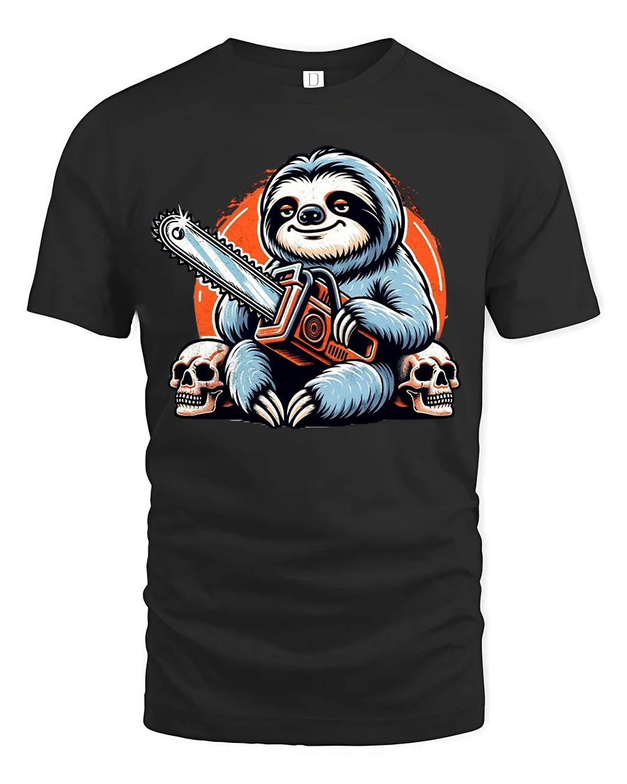 Savage Sloth With Chainsaw Tee Featuring Dark Humor Cartoon Art - 1 Savage Sloth With Chainsaw Tee Featuring Dark Humor Cartoon Art - black t-shirt on white background