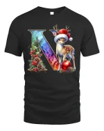 Christmas Letter N Deer Tee With Elegant Festive Winter Artwork - black t-shirt on white background