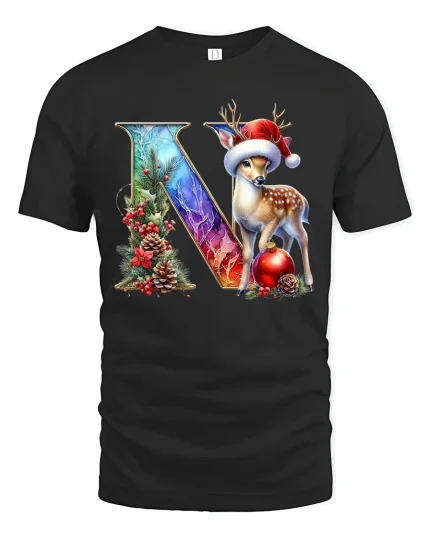 Christmas Letter N Deer Tee With Elegant Festive Winter Artwork - black t-shirt on white background