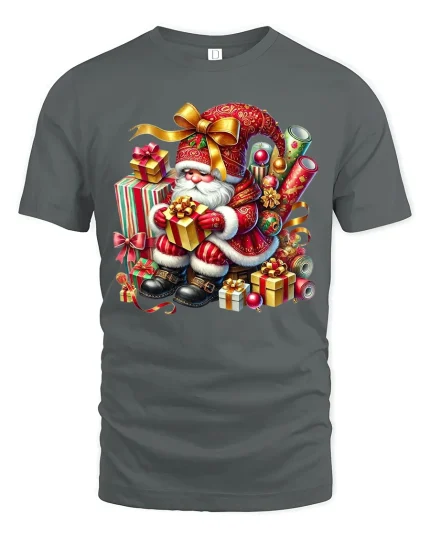 Classic Christmas Santa Gifts Tee With Festive Holiday Magic - gray t-shirt on white background