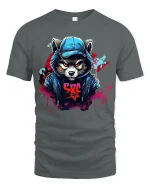 Urban Raccoon Street Art Tee With Bold Graffiti Style Design - gray t-shirt on white background
