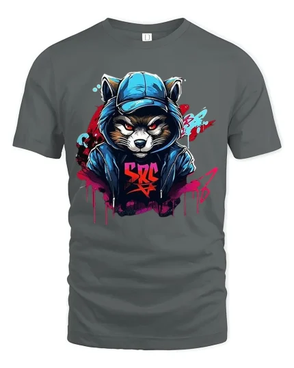 Urban Raccoon Street Art Tee With Bold Graffiti Style Design - gray t-shirt on white background