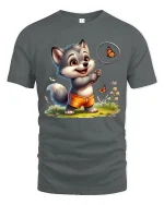 Happy Puppy Butterfly Catcher Graphic Tee With Cute Summer Vibes - gray t-shirt on white background