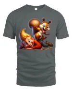Funny Kid And Playful Squirrel Cartoon Graphic Tee With Joyful Art - gray t-shirt on white background