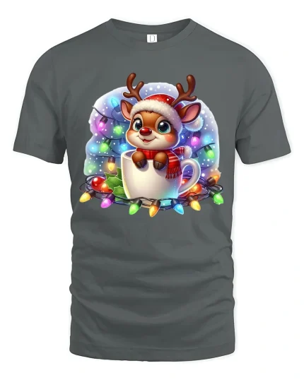 Cute Christmas Reindeer Mug Tee With Cozy Holiday Magic - gray t-shirt on white background