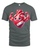Cute Strong Heart Cartoon Graphic Tee With Funny Positive Energy - gray t-shirt on white background