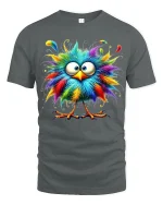 Funny Colorful Fluffy Bird Graphic Tee With Cute Cartoon Style - gray t-shirt on white background
