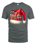 Christmas Santa Hat Gift Stack Tee With Festive Holiday Cheer - gray t-shirt on white background