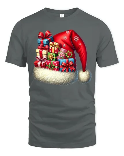 Christmas Santa Hat Gift Stack Tee With Festive Holiday Cheer - gray t-shirt on white background
