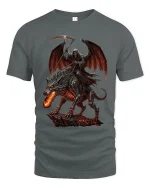 Dark Grim Reaper Riding Hell Beast Tee With Epic Gothic Power - gray t-shirt on white background