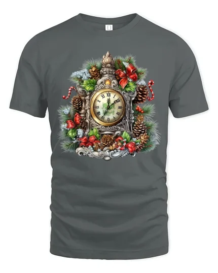 Vintage Christmas Clock Wreath Tee With Classic Holiday Charm - gray t-shirt on white background