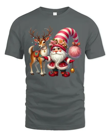 Whimsical Santa And Reindeer Christmas Tee With Cozy Holiday Joy - gray t-shirt on white background