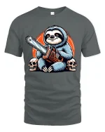 Savage Sloth With Chainsaw Tee Featuring Dark Humor Cartoon Art - gray t-shirt on white background