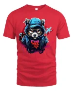 Urban Raccoon Street Art Tee With Bold Graffiti Style Design - red t-shirt on white background