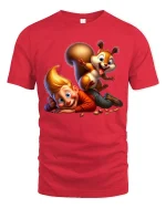 Funny Kid And Playful Squirrel Cartoon Graphic Tee With Joyful Art - red t-shirt on white background