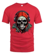 Skull With Hoodie And Headphones Graphic Tee Street Style Art - red t-shirt on white background