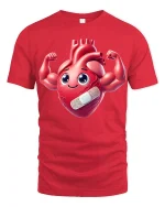 Cute Strong Heart Cartoon Graphic Tee With Funny Positive Energy - red t-shirt on white background