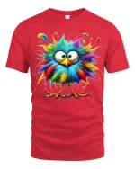 Funny Colorful Fluffy Bird Graphic Tee With Cute Cartoon Style - red t-shirt on white background