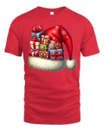 Christmas Santa Hat Gift Stack Tee With Festive Holiday Cheer - red t-shirt on white background