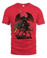Dark Grim Reaper Riding Hell Beast Tee With Epic Gothic Power - red t-shirt on white background