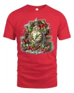 Vintage Christmas Clock Wreath Tee With Classic Holiday Charm - red t-shirt on white background