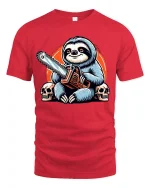 Savage Sloth With Chainsaw Tee Featuring Dark Humor Cartoon Art - red t-shirt on white background
