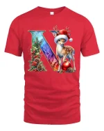 Christmas Letter N Deer Tee With Elegant Festive Winter Artwork - red t-shirt on white background