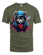 Urban Raccoon Street Art Tee With Bold Graffiti Style Design - military green t-shirt on white background