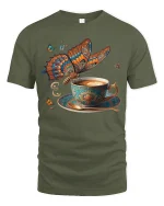 Butterfly Coffee Art Graphic Tee With Elegant Vintage Feel - military green t-shirt on white background