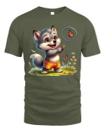 Happy Puppy Butterfly Catcher Graphic Tee With Cute Summer Vibes - military green t-shirt on white background